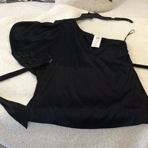 Cache Black Satin one shoulder blouse